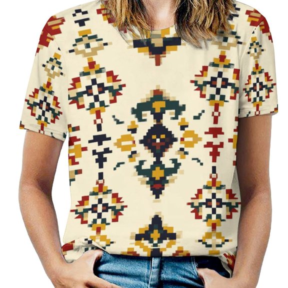 Bohemian Pattern Womens Casual Crew Neck Short Sleeve Pleated Tops Blouses Fashion Clothes 2025