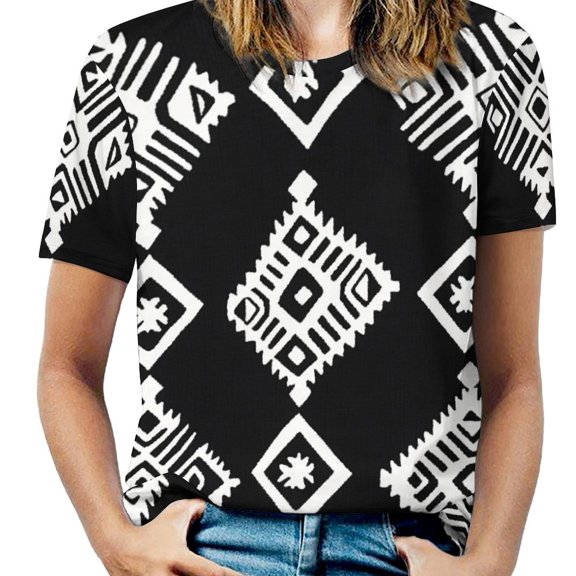 Bohemian Pattern Womens Casual Crew Neck Short Sleeve Pleated Tops Blouses Fashion Clothes 2025