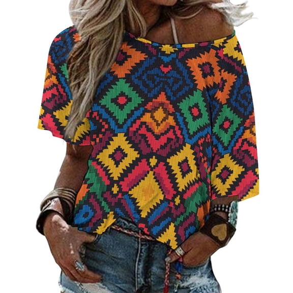Bohemian Pattern Womens Casual Crew Neck Short Sleeve Pleated Tops Blouses Fashion Clothes 2025