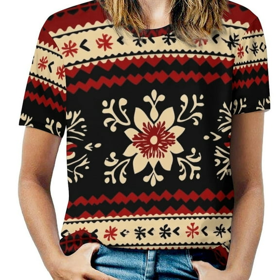 Bohemian Pattern Womens Casual Crew Neck Short Sleeve Pleated Tops Blouses Fashion Clothes 2025