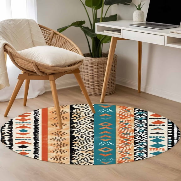 Bohemian Patterns 3.3ft Round Rug for Bedroom Reading Corner, Coloed Seamless Stitching Washable Non Slip Circle Area Rug