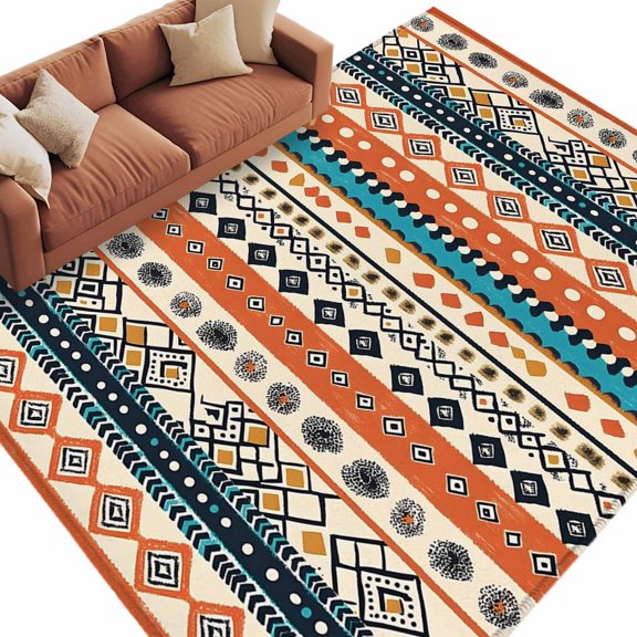 Bohemian Patterns Area Rug 8x10ft Orange Seamless Stitching Non-Slip Washable Square Rugs Soft Felt Indoor Floor Mat for Bedroom Kitchen Living Room Bathroom