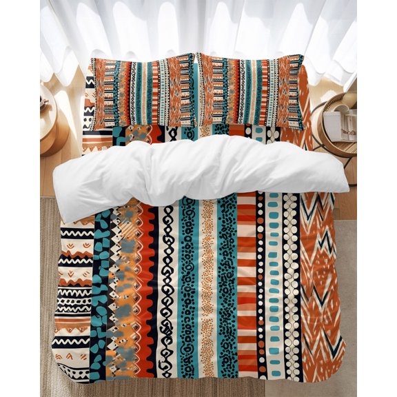 Bohemian Patterns Bedding Duvet Cover Set King Size 4 Pieces Retro Seamless Stitching Bedding Set with Zipper Closure, 1 Comforter Cover 92x106 Inches 1 Flat Sheet & 2 Pillow Cases
