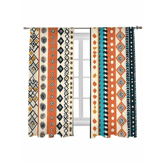 Bohemian Patterns Sheer Curtains 2 Panels Set Orange Seamless Stitching Lihgt Filtering Rod Pocket Voile Drape, Semi Sheer Window Curtains for Bedroom Living Room, 52"x63"