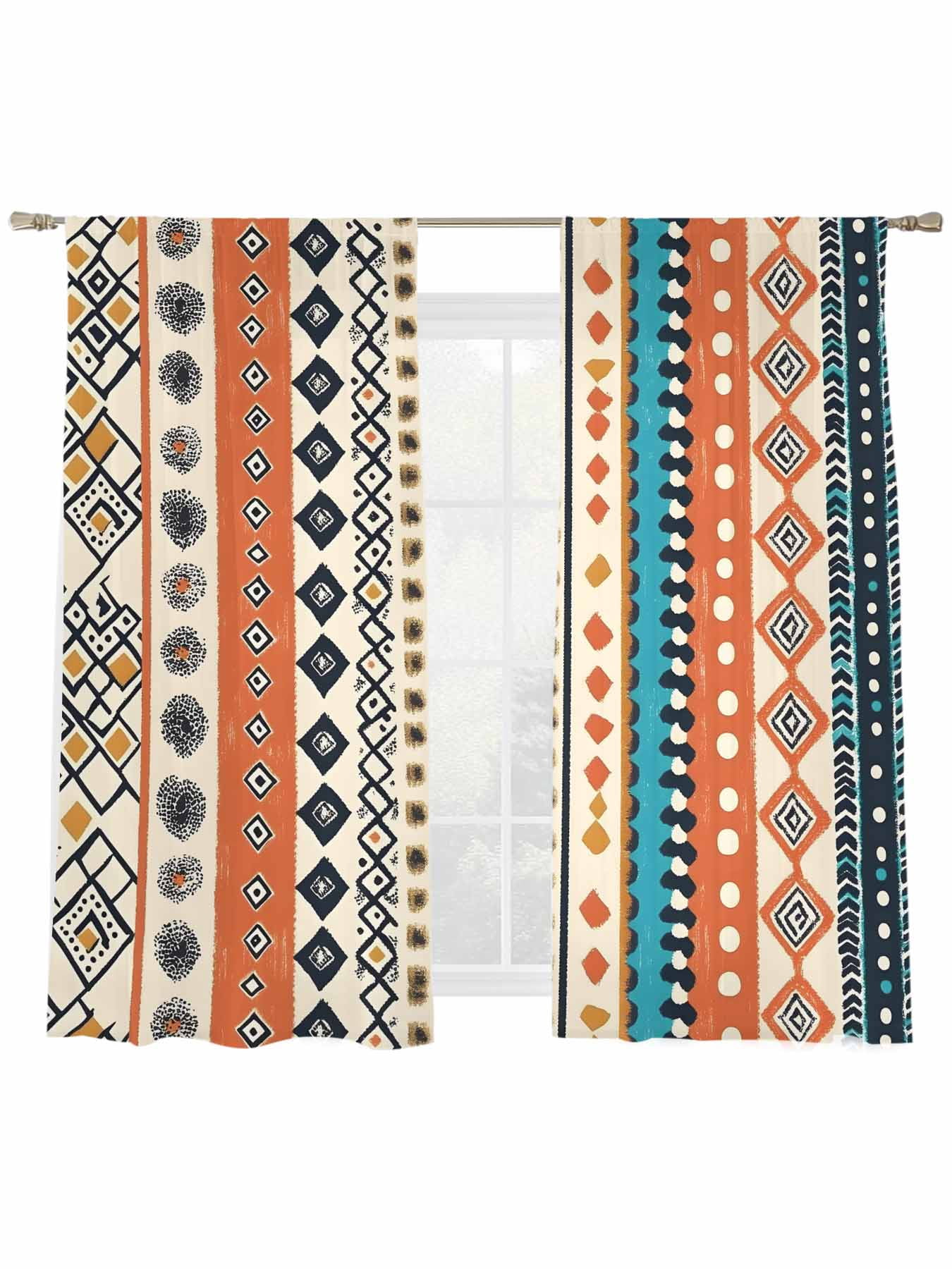Bohemian Patterns Sheer Curtains 2 Panels Set Orange Seamless Stitching ...