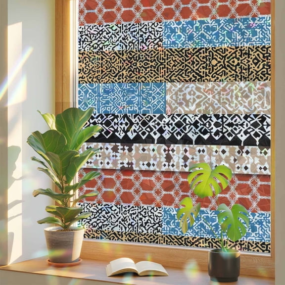 Bohemian Patterns Window Privacy Film, Colored Seamless Stitching Stained Glass Rainbow Film Decorative Window Clings, Static Cling Sun Blocking Stickers 29.5" x 118"