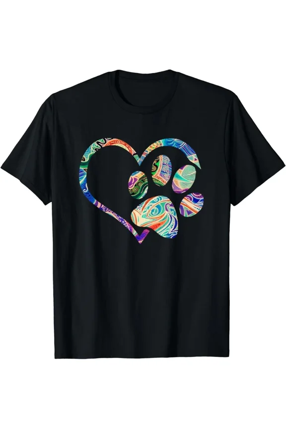 Bohemian Paw Print Heart Colorful Pet Lover Gypsy Style Unisex T-Shirt, S-5XL