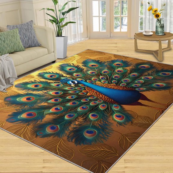 Bohemian Peacock Area Rugs, Blue Animal Carpet, Washable Non Slip Low Pile Soft Rug for Living Room Bedroom Dining Room Home Office Decor Mat 2x3ft