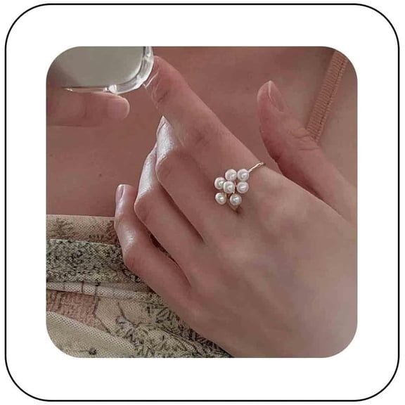 Bohemian Pearl Cluster Open Ring Gold Pearl Wrap Ring Adjustable Pearl Bead Open Ring Pearl Bead Finger Rings Stacking Pearl Cuff Ring Jewelry for Women