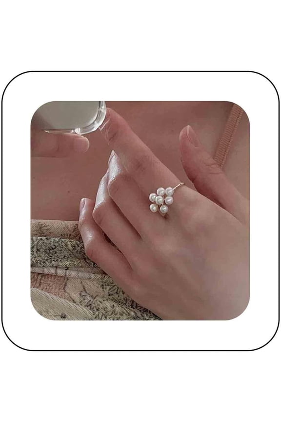 Bohemian Pearl Cluster Open Ring Gold Pearl Wrap Ring Adjustable Pearl Bead Open Ring Pearl Bead Finger Rings Stacking Pearl Cuff Ring Jewelry for Women