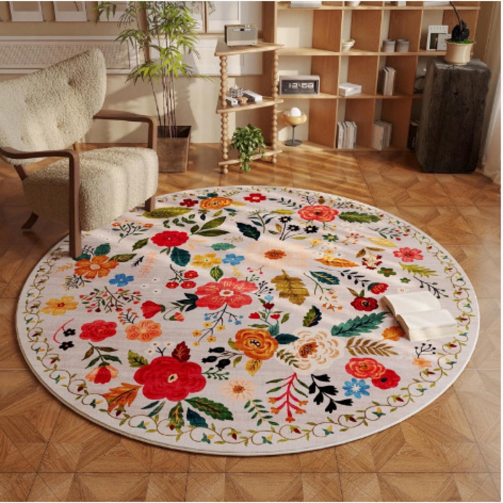 Bohemian Persian Floral Print Round Rug, Decorative Area Rug for Living ...