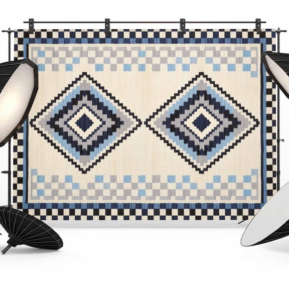Bohemian Photography Backdrop 7x5FT, Retro Rhombus Tribal Style Blue Boho Geometric Photo Backdrops, Background for Photography Studio Photo Studio Background, Back Drop for Photoshoot