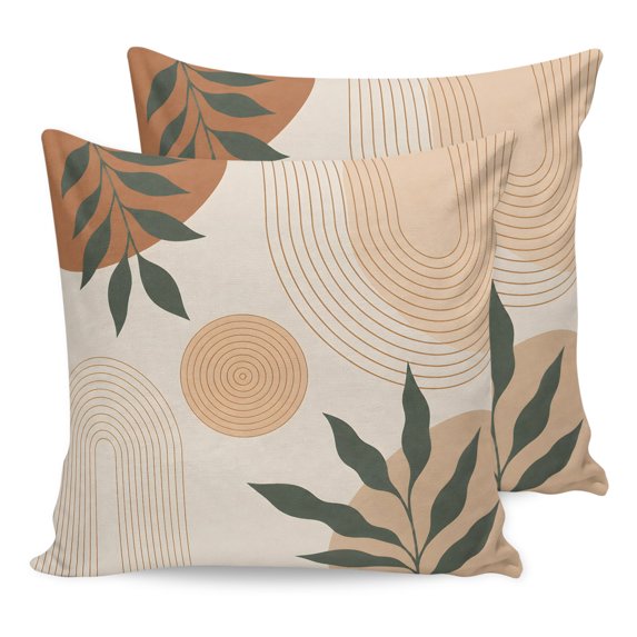 Bohemian Pillow Covers 16x16 Set of 2, Abstract Boho Circle Striped Leaves Beige Throw Pillow Covers Decorative Couch Cushion Cover, Microfiber Soft Square Pillowcases for Bedroom Living Room Sofa