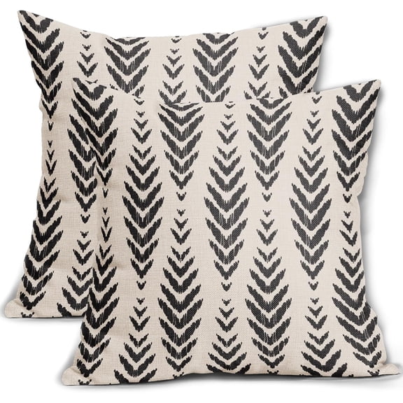Bohemian Pillow Covers Set of 2 18x18 Inch Black Geometric Herringbone Print Decorative Throw Pillows with Linen Farmhouse Cushion Case Decor for Couch Sofa Bed Add Rustic Charm