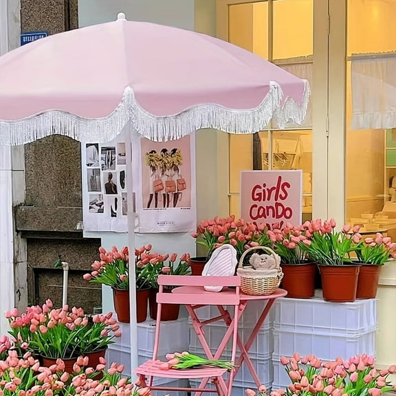 Bohemian Pink Adjustable Height Beach Umbrella - Steel Frame & 100% Polyester Canopy, Manual Lift for Patio, Garden, Poolside, Outdoor Sun Shade, Garden Shade, Boho Chic Decor, Durable Polyester