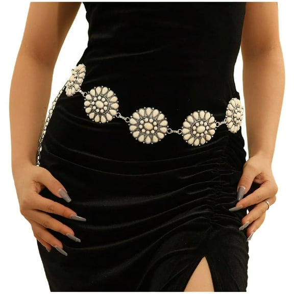 Bohemian Pink White Green Concho Belt Silver Metal Western Turquoise Belt Women's Dress Belt