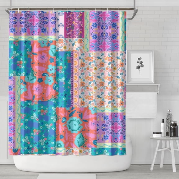 Bohemian Pioneer Flower Patchwork Shower Curtain 84"x72" ,Bathroom Decorative Shower Curtains Set with 12 Hooks,Modern Waterproof Washable Shower Curtain