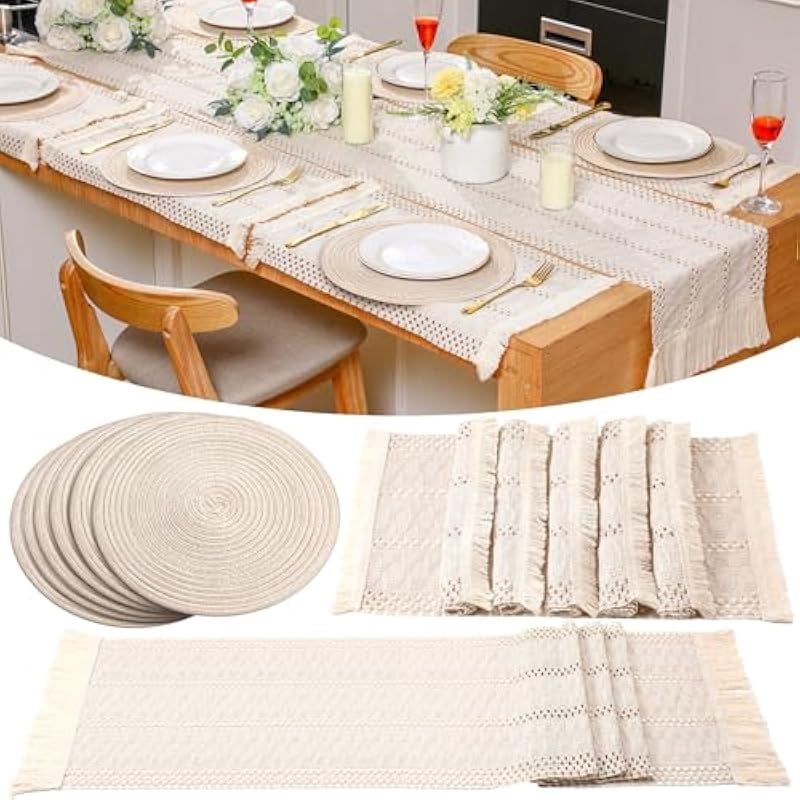 Bohemian Placemats Set of 6, Includes 6 Round Woven Placemats, 6 Cotton Linen Placemats, and 1 Macrame Table Runner with Tassel, Heat Resistant & Non-Slip Farmhouse Place Mats for Dining