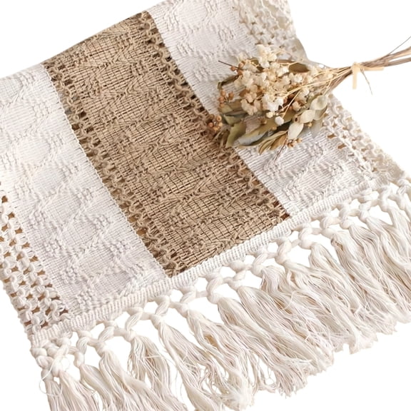 Bohemian Placemats and Table Runners Set White with Brown Tribal Pattern Fringed Edge Soft Cotton Blend for Home Dining Restaurants Weddings Festive Table Decor