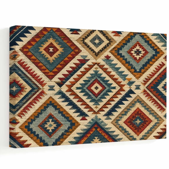 Bohemian Plaid Canvas Wall Art, Boho Southwestern Vintage Geometric Diamond Motifs Wall Art Prints Artwork Framed Canvas Ready to Hang Art Pictures for Bathroom, Dressing Table, Entryway 12" x 8"