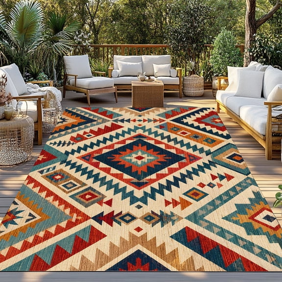 Bohemian Plaid Indoor Outdoor Rugs 6x9 Ft, Boho Southwestern Tribal Vintage Geometric Checkered Outdoor Patio Rug Mat Washable Outside Area Rugs Carpet for Porch Deck RV Pool Balcony Backyard