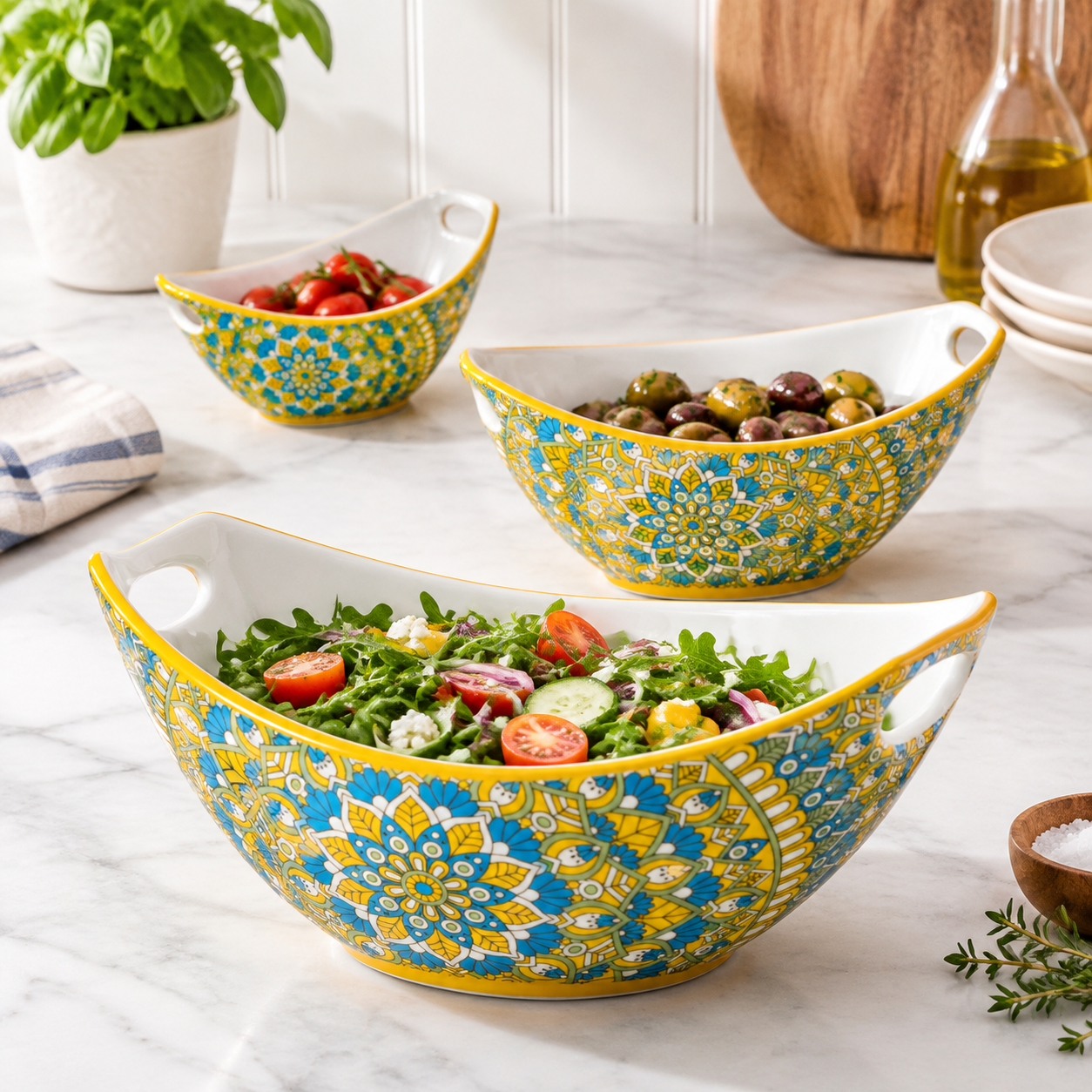 Rustic Bowl Set Bohemian Porcelain Serving Bowl Set with Handles, Boho Blue and Yellow ...