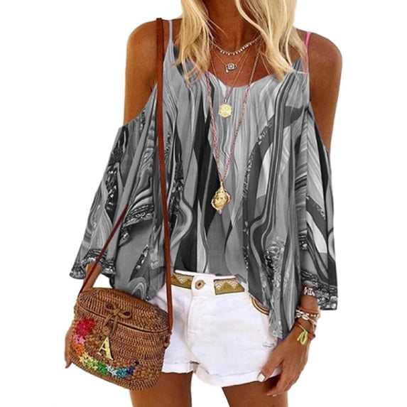 Bohemian Print Cold Shoulder Women Chiffon Blouse