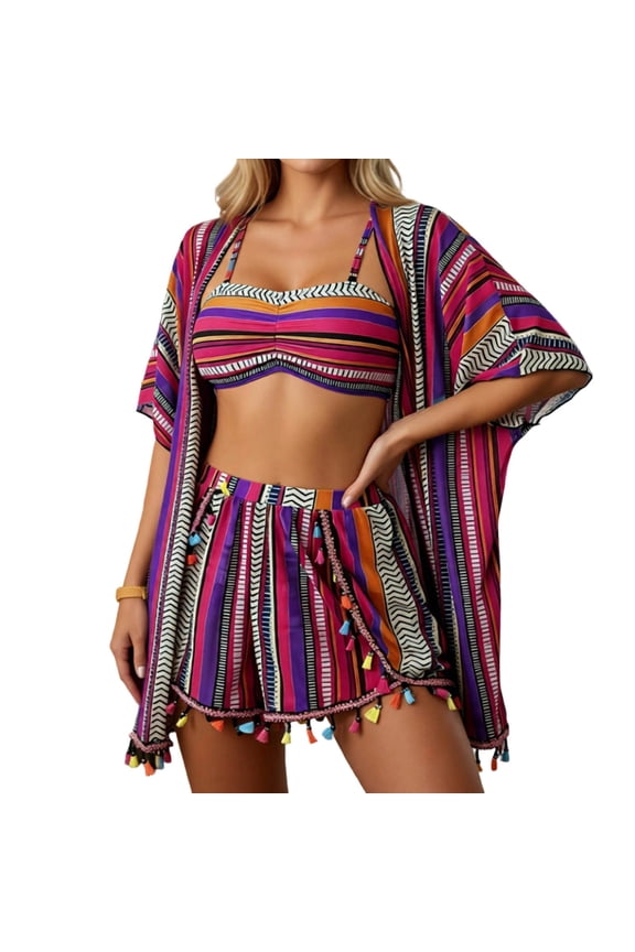 Bohemian Print Fringe Bikini Set for Women 4 Piece Swimsuit with UPF Sun Cover Up Tankini Beachwear Thin Strap Sleeveless Multicolour M