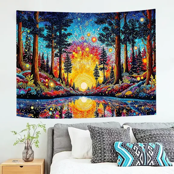 Bohemian Psychedelic Forest Sunset Tapestry, 7959 Inches, Glow-in-the-Dark Starry Sky Wall Hanging for Bedroom Living Room Dorm Decor