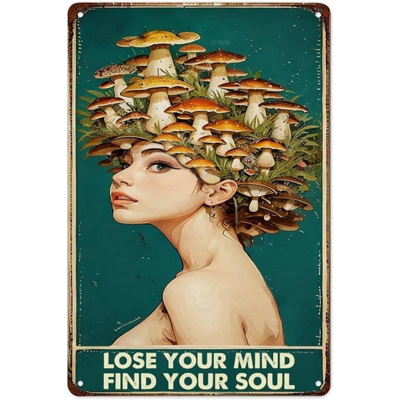 Bohemian Psychedelic Mushroom Metal Tin Sign, Inspirational Trippy Forest Wall Decor for Room, Cafe or Music Den, Vintage Style, 8 x 12 Inches