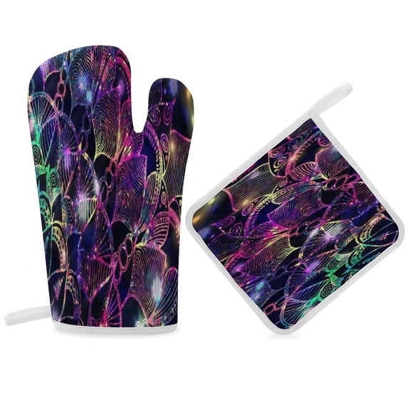Bohemian Psychedelic Peacock Mandala Oven Gloves And Pots Stand Set Oven Gloves And Pot Racks Pot Racks And Oven Gloves Set
