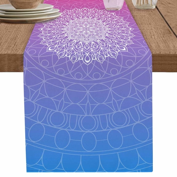 Bohemian Purple Ethnic Flower Table Runner-70 Inch Long Gradient Abstract Art Table Runners Linen Burlap Tablerunner for Kitchen Dining Room Holiday Party