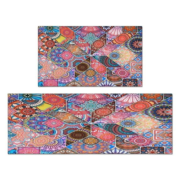 Bohemian Purple Square Pattern Kitchen Rugs and Mats Sets Of 2,Kitchen Decoration Rugs,Rubber Backing Non-Slip Floor Mat for Sink Washable Waterproof Laundry Room Runner Rugs