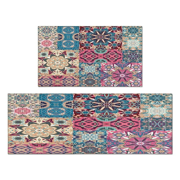 Bohemian Purple Square Pattern Kitchen Rugs and Mats Sets Of 2,Kitchen Decoration Rugs,Rubber Backing Non-Slip Floor Mat for Sink Washable Waterproof Laundry Room Runner Rugs