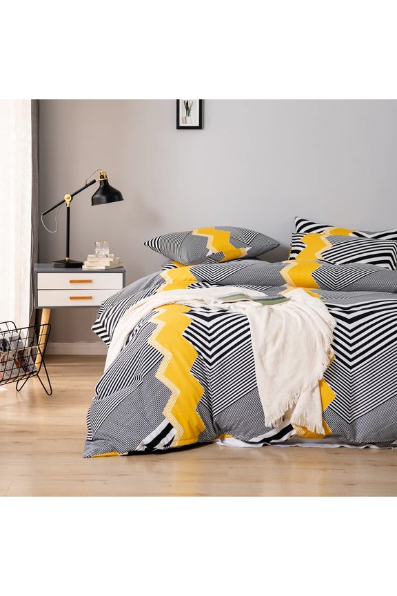 Bohemian Queen Bedding Duvet Cover Set - Black Striped on White Ethnic Boho Printed in White 3 Pieces Ultra Soft Breathable Comforter Cover Extremely Durable