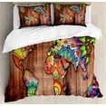 thumbnail image 1 of Bohemian Queen Size Duvet Cover Set, World Map on Wooden Rustic Planks Background Creative Abstract Countries Print, Decorative 3 Piece Bedding Set with 2 Pillow Shams, Multicolor, by Ambesonne, 1 of 3