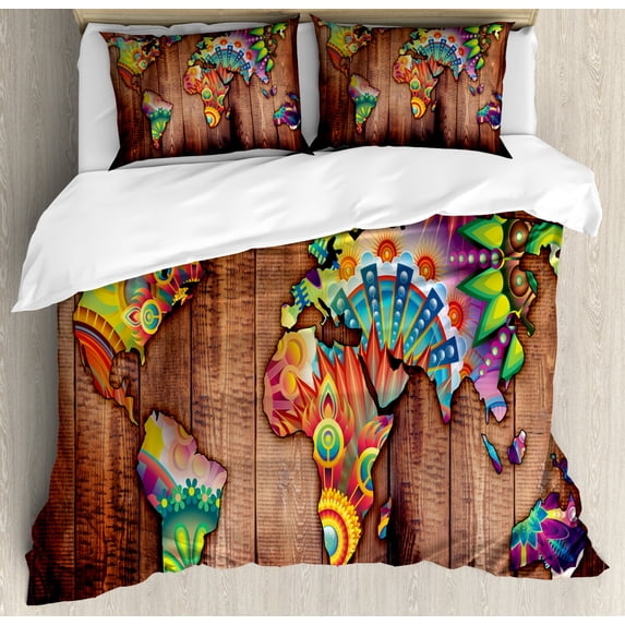 Bohemian Queen Size Duvet Cover Set, World Map on Wooden Rustic Planks Background Creative Abstract Countries Print, Decorative 3 Piece Bedding Set with 2 Pillow Shams, Multicolor, by Ambesonne