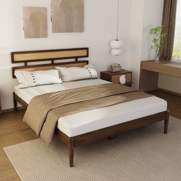 Bohemian Queen Size Rattan Headboard Wooden Bed, Dark Walnut Finish Pine Frame