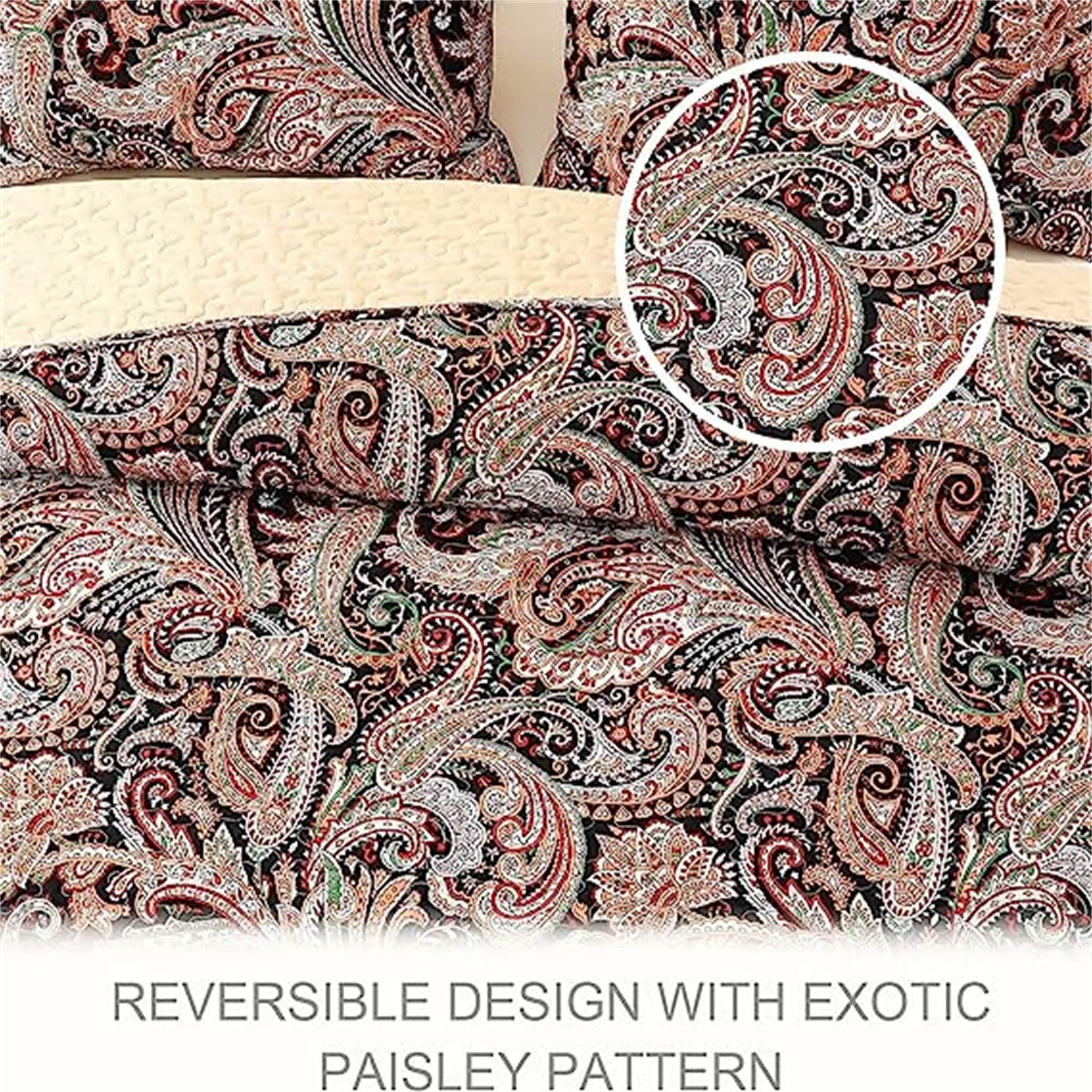 Paisley Black and Camel King Size Microfiber Quilt Set