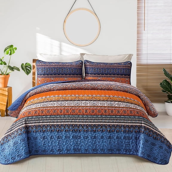 Bohemian Quilt Set Queen Size,3 Pcs Blue Boho Stripe Bedding set Lightweight Adult(90"x96")