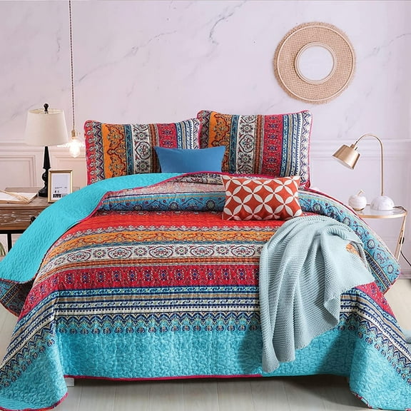 Bohemian Quilt Set Queen Size Boho Striped Pattern Quilts Bedspread Coverlet Set 96"x90"
