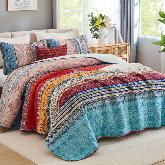 Bohemian Quilt Set Super King, Boho Striped Pattern Quilts Bedspread Set for All Season, Soft Microfiber Coverlet Bedding Set 114"x120"(3 Pieces, Super King)