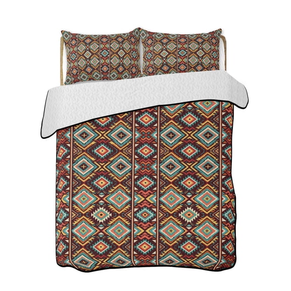 Bohemian Quilts Bedding Set Queen Size Aztec Brown Southwestern Geometric Striped Tribal Lightweight Quilted Bedspread 3 Piece Bed Quilt with 2 Pillow Shams All Season for Bedroom 78" x 90"