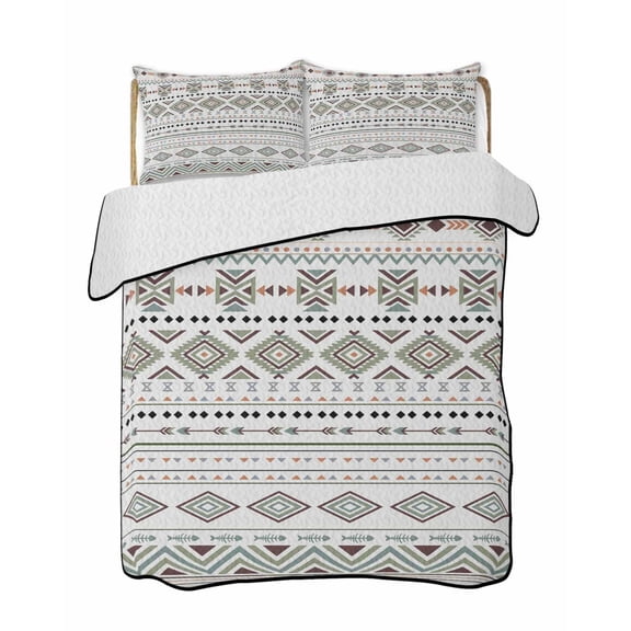 Bohemian Quilts Bedding Set Queen Size Green Orange Ethnic Geometric Abstract Argyle Grain Lightweight Quilted Bedspread 3 Piece Bed Quilt with 2 Pillow Shams All Season for Bedroom 78" x 90"