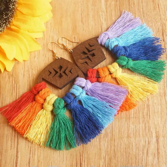 Bohemian Rainbow Cotton Tassel Wood Earrings Baroque Statement Fashion Jewelry