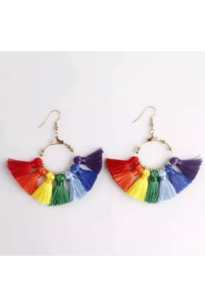 Bohemian Rainbow Fan Fringe Tassel Statement Earrings Tassel Fan Hoop Earrings