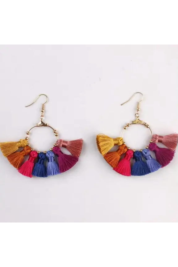 Bohemian Rainbow Fan Fringe Tassel Statement Earrings Tassel Fan Hoop Earrings