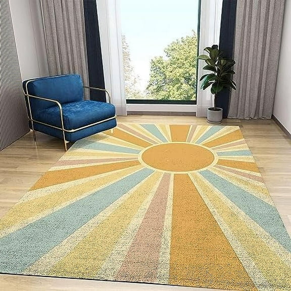 Bohemian Rainbow Sunshine Area Rug, Retro Orange Geometric Decorative Rugs, With Anti-Slip Backing Washable Indoor Carpet For Living Room Bedroom Study Dining Room 5 x 8ft