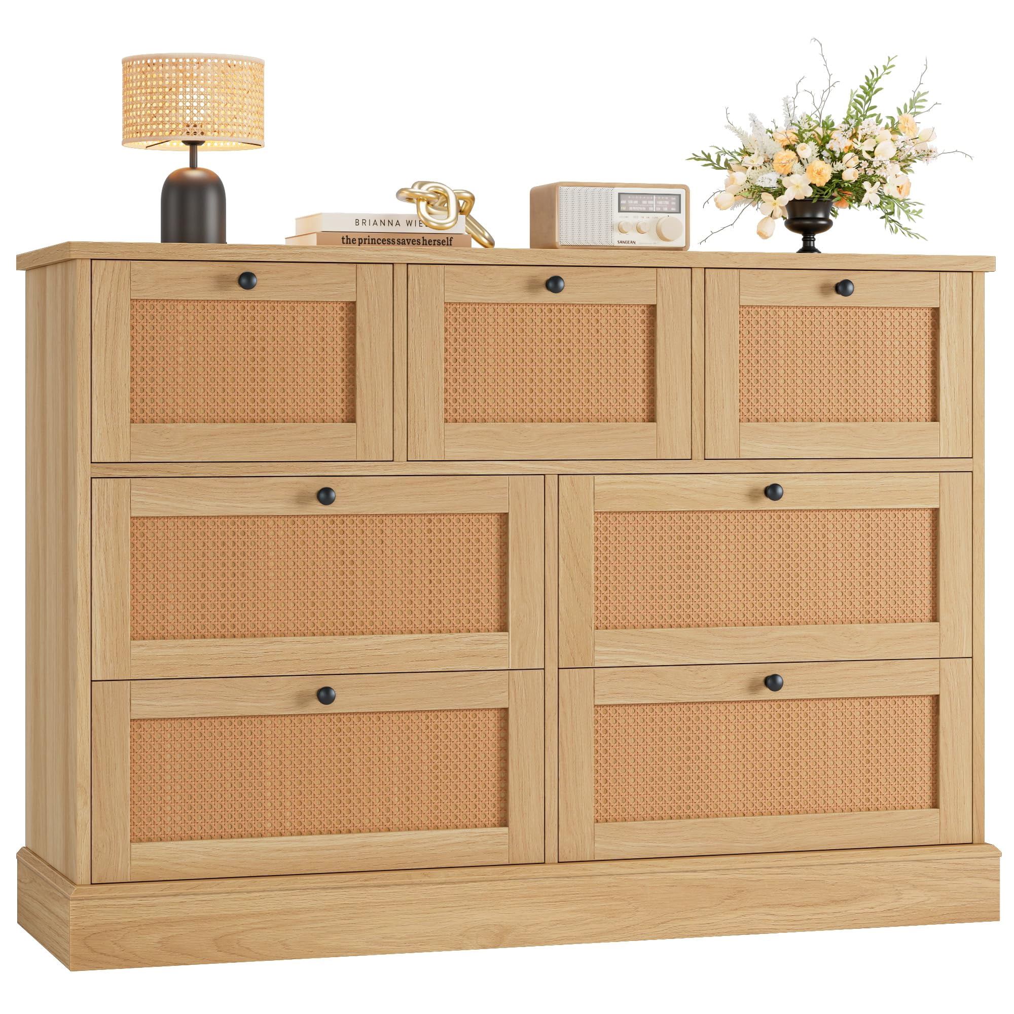 Bohemian Rattan Chest of Drawers 7-Drawer Dresser with Black Metal ...