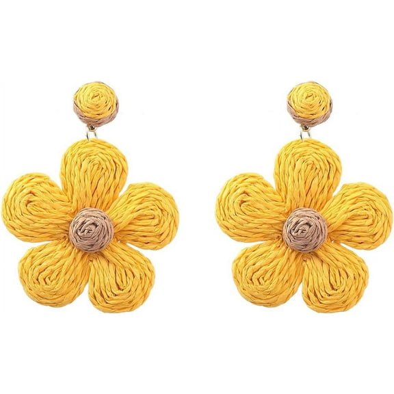 Bohemian Rattan Flower Drop Dangle Earring for Women Boho Colorful Raffia Straw Wicker Statement Earring Handmade Summer Tropical Beach Jewelry